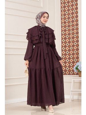 Sevitli Fırfır Detaylı Roza Tesettür Elbise-Mürdüm