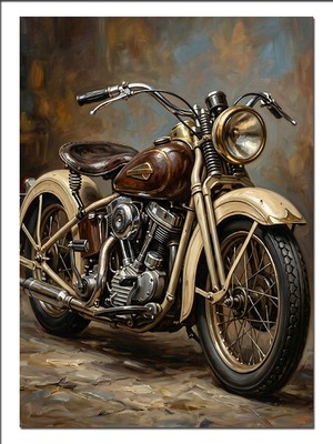 Karizma Tablo Klasik Motosiklet Retro Bej Model Dekoratif Kanvas - Mdf Ahşap Tablo