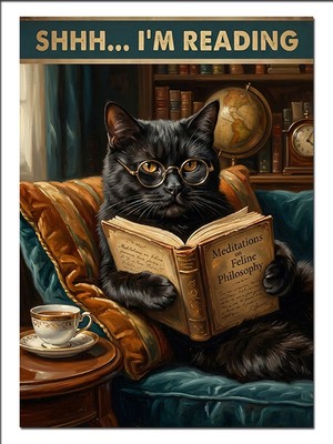 Karizma Tablo Kitap Okuyan Gözlüklü Kara Kedi Dekoratif Kanvas - Mdf Ahşap Tablo