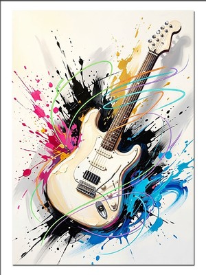 Karizma Tablo Boya Sıçramalı Elektro Gitar Sanat Dekoratif Kanvas - Mdf Ahşap Tablo