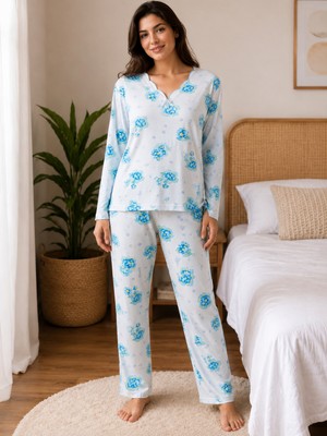 Balis Pijama Kadın Büyük Beden Kadın Çiçek Desenli Uzun Kollu Pijama Takımı Oyalı Yaka Detaylı Ev Giyimi Seti Battal Beden 2'li Model Penye Biye Süslemeli V Yaka Rahat Kesim Ev Giyim Çeyizlik Homewear