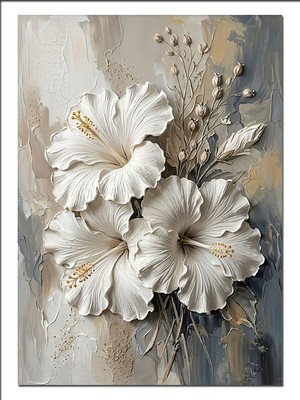 Karizma Tablo Beyaz Hibiskus Kabartma Çiçek Dekor Dekoratif Kanvas - Mdf Ahşap Tablo