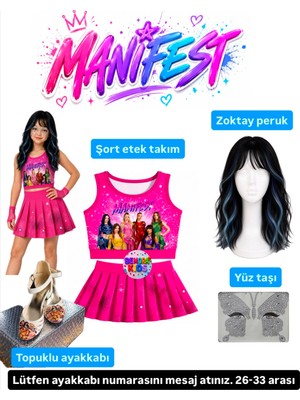 Bemora Kids Manifest Pembe Etek Bluz Alt Üst 2 Li Takım Şort Etek Takım Manifest Zoktay Peruk - Yüz Taşı Seti - Manifest Topuklu Ayakkabı Parti Konser Doğum Günü Plaj Giyim