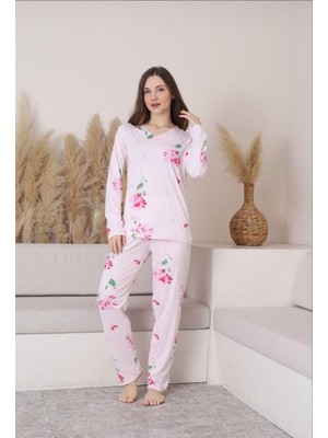 Balis Pijama Kadın Büyük Beden Kadın Çiçek Desenli Uzun Kollu Pijama Takımı Oyalı Yaka Detaylı Ev Giyimi Seti Battal Beden 2'li Model Penye Biye Süslemeli V Yaka Rahat Kesim Ev Giyim Çeyizlik Homewear