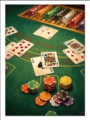 Karizma Tablo Blackjack Masası ve Poker Çipleri Dekoratif Kanvas - Mdf Ahşap Tablo