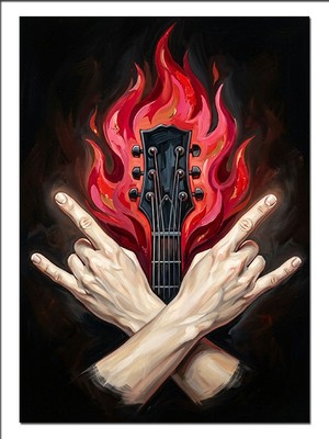 Karizma Tablo Yanan Gitar ve Rock El Hareketi Dekoratif Kanvas - Mdf Ahşap Tablo