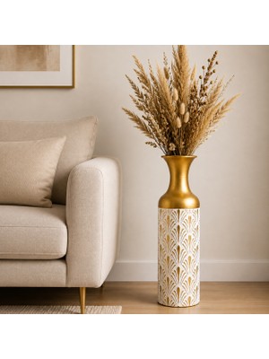 Vien Home Dekoratif Yaprak Desenli Seramik Görünümlü Metal Yer Vazosu Beyaz Gold 66 cm