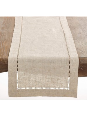 Saro Lıfestyle Polyester ve Keten Karışımı Hemstitch Kenarlı Masa Örtüsü, Doğal, 40,64 cm x 304,8 cm