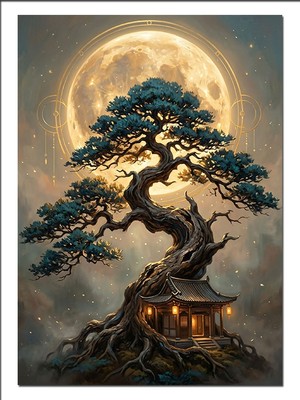 Karizma Tablo Dolunaylı Bonsai Ağaç Ev Gece Dekoratif Kanvas - Mdf Ahşap Tablo