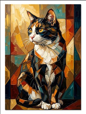Karizma Tablo Geometrik Renkli Kedi Portresi Dekoratif Kanvas - Mdf Ahşap Tablo