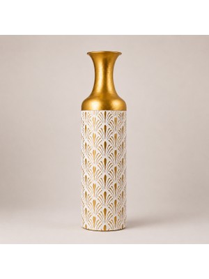 Vien Home Dekoratif Yaprak Desenli Seramik Görünümlü Metal Yer Vazosu Beyaz Gold 84 cm