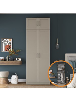 Rani Mobilya Rani BA333 Membran Kapaklı Gardırop 2 Kapaklı 6 Raflı Tek Askılı Elbise Dolabı Kumtaşı