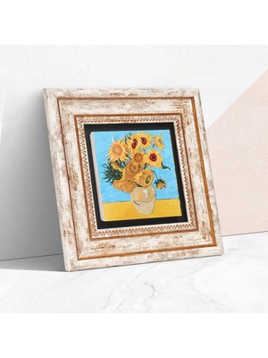 Van Gogh On Iki Ayçiçekli Vazo Taş Duvar Tablosu - Çerçeveli Taş Tablo - Dekoratif Duvar Sana