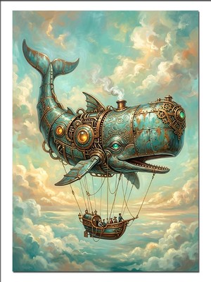 Karizma Tablo Steampunk Balina ve Gemi Bulut Dekoratif Kanvas - Mdf Ahşap Tablo