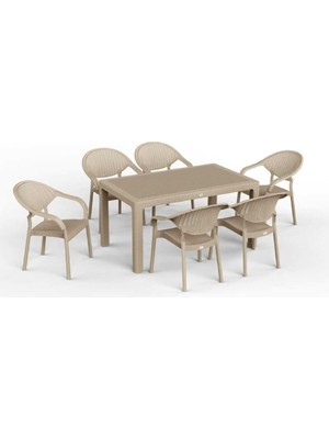 90 x 150 Bambu Plastik Rattan Camsız Bahçe Balkon Teras Masa Sandalye Takımı 6 Kolçaklı Sandal