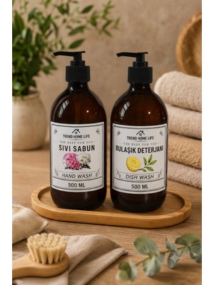 Ahşap stantlı 500 ml Cam Amber Sabunluk Deterjanlık Seti