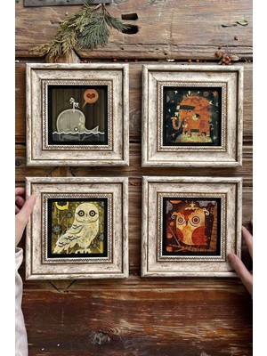 Oscar Stone Decor Çerçeveli Taş Tablo Duvar Dekoru 20X20CM 4'lü Set Baykuşlar Fil ve Balina
