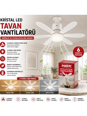 Trendhane 6 Kanatlı Kristal LED Tavan Vantilatörü – 3 Işık Modlu, Kumandalı, Sessiz Çalışma