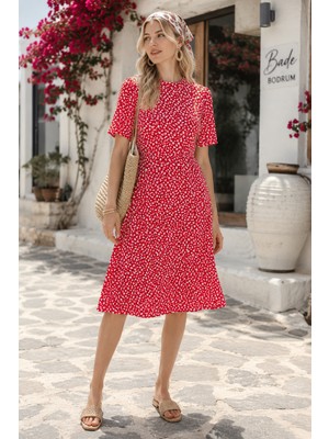 HC Kids Wear Kadın Büyük Beden Penye Çiçek Desenli Kısa Kollu Midi Elbise
