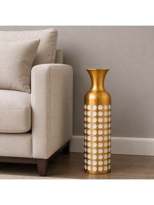Vien Home Dekoratif Puantiye Desenli Seramik Görünümlü Metal Yer Vazosu Gold Beyaz 50 cm