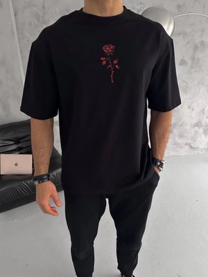 Hace Bazaar Bisiklet Yaka Baskılı Oversize T-Shirt - Siyah -