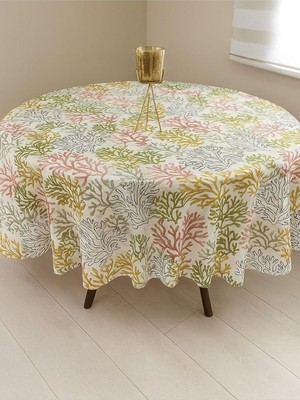 Zeren Home Sıvı Geçirrmez Keten Kumaş Dertsiz Yuvarlak Masa Örtüsü Mercan Desen, 150 x 150