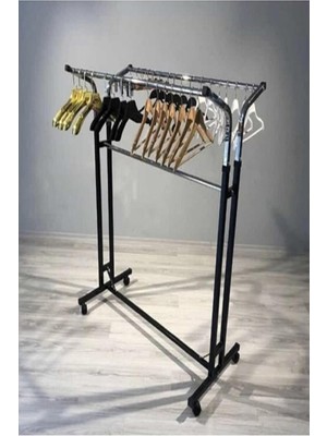 Tekerlekli Elbise Askılığı, Çift Raylı, Metal Gövde, 180 cm Yükseklik, Siyah
