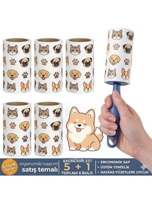 Tüy Toplayıcı Roller Seti, 6 Rulo, Kedi ve Köpek Tüyü Temizleyici, Ergonomik Sap, Hassas Yüzeylere Uygun