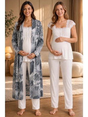 bylohusa Desenli Sabahlıklı Hamile Lohusa Emzirme Pijama Takımı Effortt - Füme/ekru