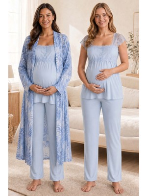 bylohusa Desenli Sabahlıklı Hamile Lohusa Emzirme Pijama Takımı Effortt - Mavi