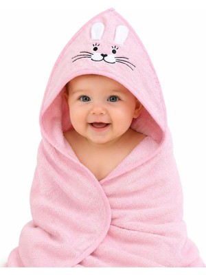 %100 Pamuk Yenidoğan Bebek Kundak Nakışlı Banyo Havlusu Pembe