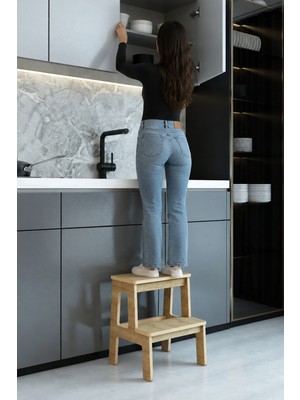 Fida Furniture Safir Meşe 2 Basamaklı Ahşap Mutfak Taburesi Yetişkin Çok Amaçlı Merdiven Basamak
