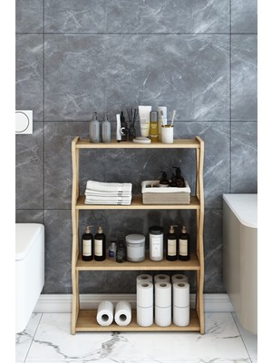 Fida Furniture Safir Meşe 4 Katlı Çok Amaçlı Ahşap Raf Banyo Mutfak ve Baharatlık Organizeri