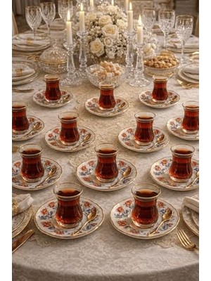 12’li Yaldızlı Osmanlı Motif Porselen Çay Tabağı – Desenli Çay Tabak