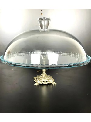 Assa Bazaar Gümüş Metal Ayaklı Cam Kapaklı Kek & Pasta Fanusu / Döküm Ayaklı Servis Standı