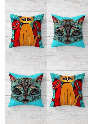 Renas Store Pelangi Kedi Takımı Sevimli Kediler Gizli Fermuarlı Kırlent Kılıfı Koltuk Yastık Kılıfı TAKIM(4ADET), Turuncu-Turkuaz 45 x 45