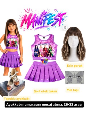Bemora Kids Manifest Mor Etek Bluz Alt Üst 2 Li Takım Şort Etek Takım Manifest Esin Peruk - Yüz Taşı Seti - Manifest Topuklu Ayakkabı Parti Konser Doğum Günü Plaj Giyim