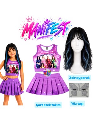 Bemora Kids Manifest Mor Etek Bluz Alt Üst 2 Li Takım Şort Etek Kız Çocuk Alt Üst Takım Manifest Zoktay Siyah Mavi Peruk - Yüz Taşı Seti Parti Konser Doğum Günü Plaj Giyim