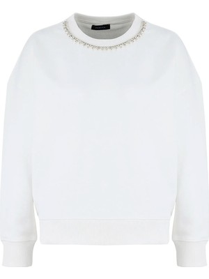 Fabrika Beyaz Kadın Bisiklet Yaka Oversize Taşlı Sweatshirt F5WL-SWT0036