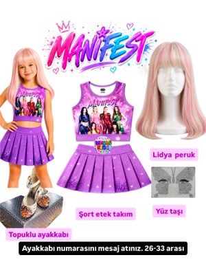 Bemora Kids Manifest Mor Etek Bluz Alt Üst 2 Li Takım Şort Etek Takım Manifest Lidya Peruk - Yüz Taşı Seti - Manifest Topuklu Ayakkabı Parti Konser Doğum Günü Plaj Giyim
