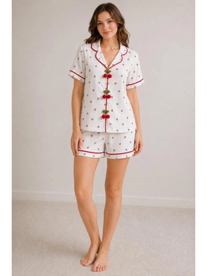 Pijamask Kadın Pamuklu Kısa Kollu Desenli Pijama Takımı
