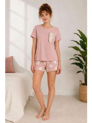 Pijamask Kadın Pudra Pembe Baskılı Kısa Kollu Pijama Takımı