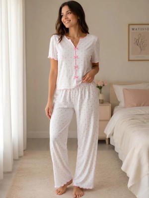 Pijamask Kadın Kurdele Detaylı Desenli Kısa Kollu Pijama Takım