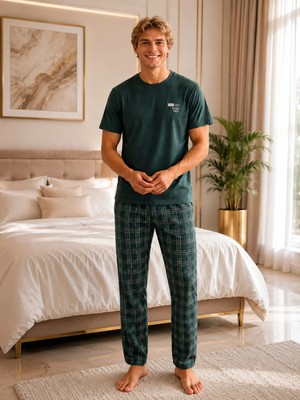 Pijamask Erkek Pamuklu Kısa Kollu Pijama Takımı Ekose Alt Rahat Kalıp Yazlık Ev Giyim