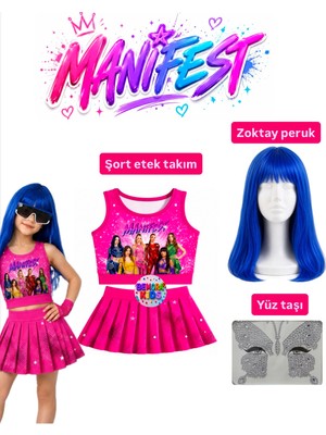 Bemora Kids Manifest Pembe Etek Bluz Alt Üst 2 Li Takım Şort Etek Kız Çocuk Alt Üst Takım Manifest Zoktay Mavi Peruk - Yüz Taşı Seti Parti Konser Doğum Günü Plaj Giyim