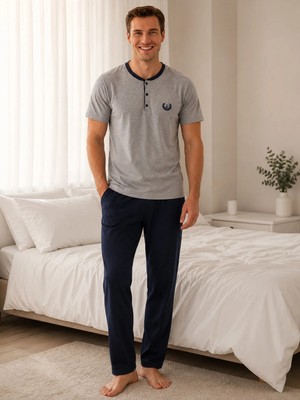 Pijamask Erkek Gri Melanj Düğmeli Yaka Pamuklu Uzun Pantolonlu Pijama Takımı Lacivert Alt Rahat Ev Giyim
