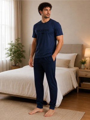 Pijamask Erkek Lacivert Dream Big Baskılı Pamuklu Uzun Pantolonlu Pijama Takımı Rahat Ev Giyim