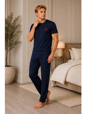 Pijamask Erkek Lacivert Çapa Nakışlı Kısa Kollu Pijama Takımı - Rahat Kesim Alt Üst Takım