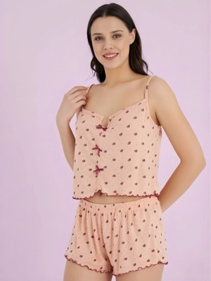 Pijamask Kadın Fırfırlı Çilek Desenli Kurdele Detaylı Ip Askılı Şortlu Pijama Takım