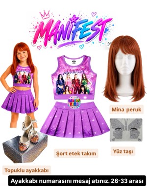 Bemora Kids Manifest Mor Etek Bluz Alt Üst 2 Li Takım Şort Etek Takım Manifest Mina Peruk - Yüz Taşı Seti - Manifest Topuklu Ayakkabı Parti Konser Doğum Günü Plaj Giyim
